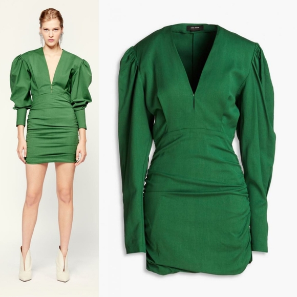 NWT Isabel Marant Stella Dress Puff Sleeve Mini Green 40/8 - Picture 15 of 15